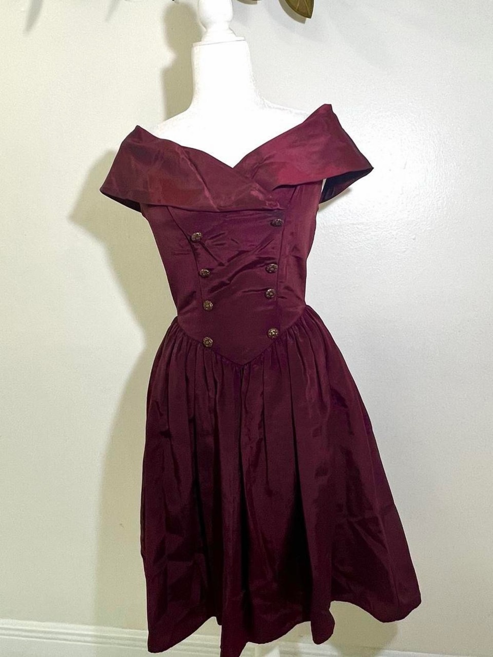 Vintage Topshop Off-Shoulder Midi Dress in Burgundy